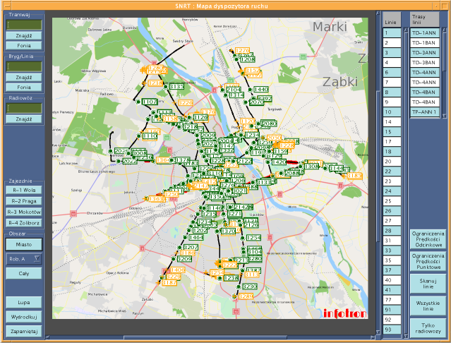 Wizualizacja pojazdów na mapie miasta.